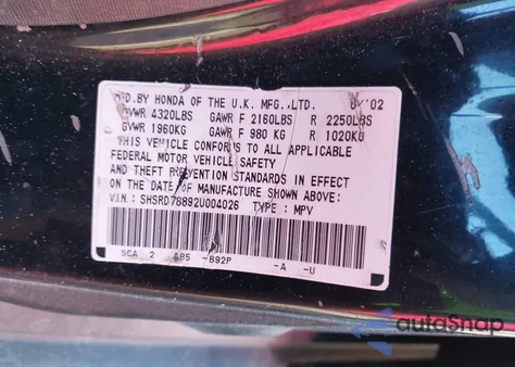 2002 Honda Cr-V Ex z USA, uszkodzony, nr VIN SHSRD78892U004026